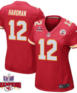 Mecole Hardman 12 Kansas City Chiefs Super Bowl LVIII Champions 4 Stars Patch Game Women Jersey - Red JS5243 nicesnker
