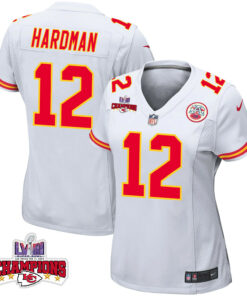 Mecole Hardman 12 Kansas City Chiefs Super Bowl LVIII Champions 4 Stars Patch Game Women Jersey - White JS9636 nicesnker