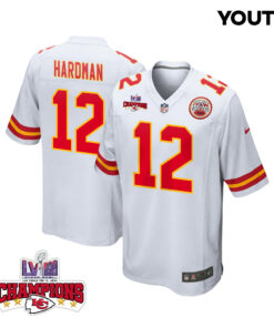 Mecole Hardman 12 Kansas City Chiefs Super Bowl LVIII Champions 4 Stars Patch Game YOUTH Jersey - White JS2894 nicesnker