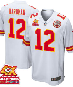 Mecole Hardman 12 Kansas City Chiefs Super Bowl LVIII Champions 4X Game Men Jersey - White JS8901 nicesnker
