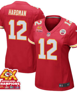 Mecole Hardman 12 Kansas City Chiefs Super Bowl LVIII Champions 4X Game Women Jersey - Red JS5500 nicesnker