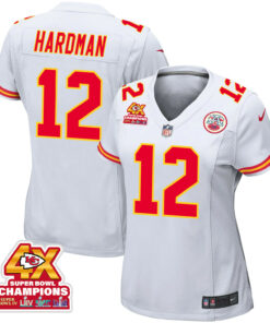 Mecole Hardman 12 Kansas City Chiefs Super Bowl LVIII Champions 4X Game Women Jersey - White JS7215 nicesnker