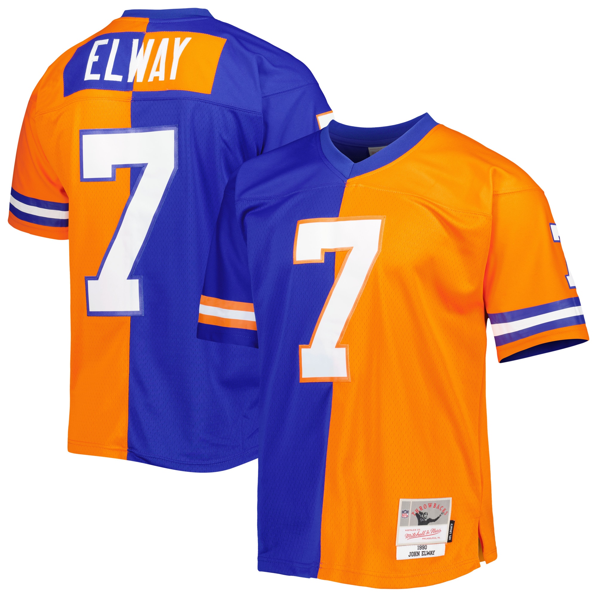Men's Denver Broncos John Elway Mitchell & Ness Royal/Orange 1990 Split Legacy Jersey JS2806 nicesnker