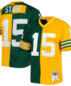 Men's Green Bay Packers Bart Starr Mitchell & Ness Green/Gold 1969 Split Legacy Jersey JS7407 nicesnker