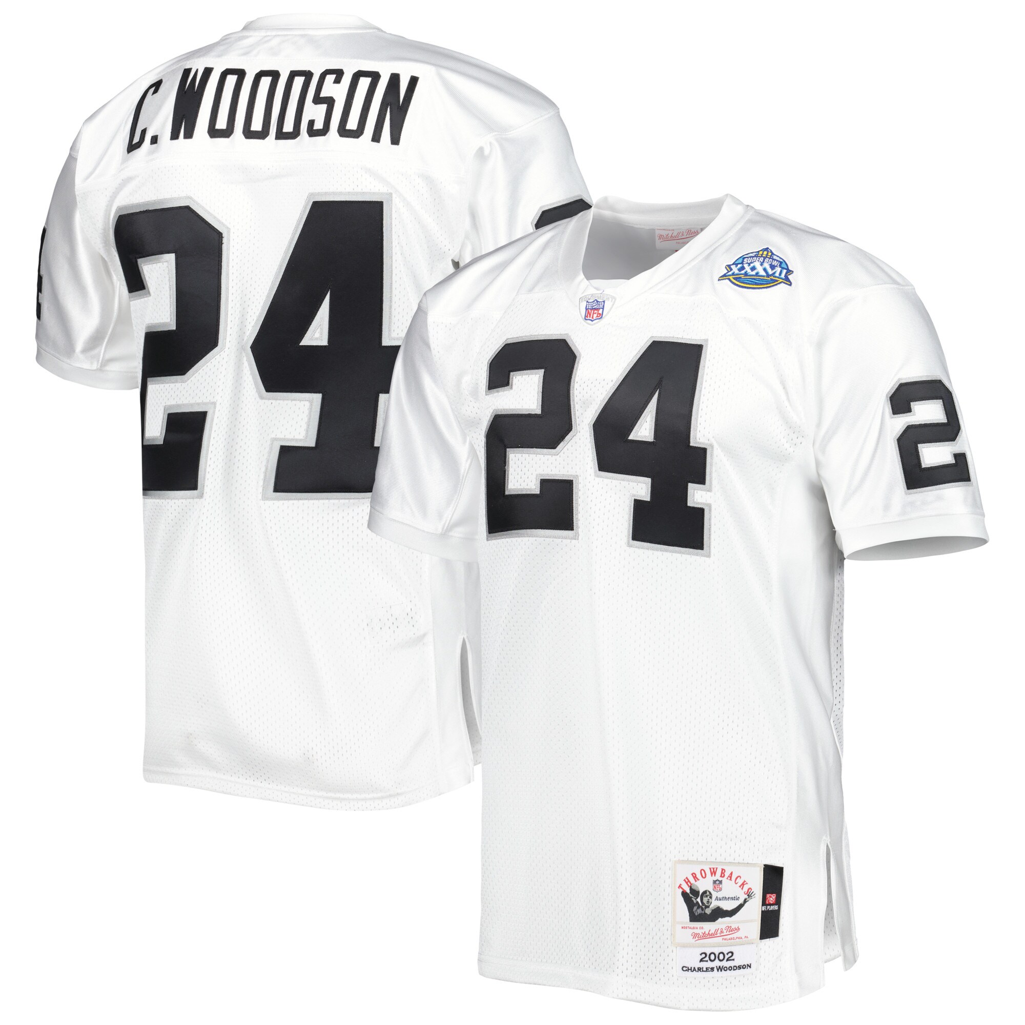 Men's Las Vegas Raiders 2002 Charles Woodson Mitchell & Ness White Throwback Retired Player Jersey JS9986 nicesnker
