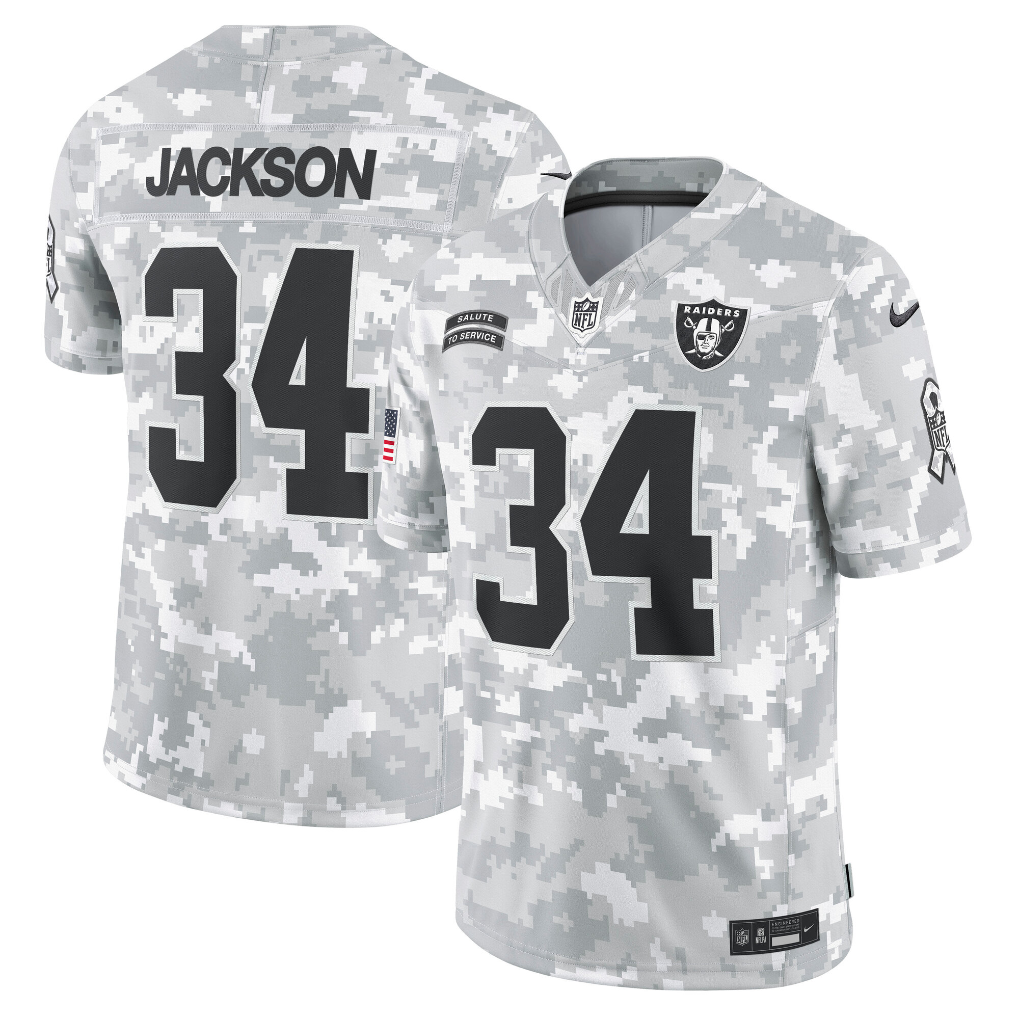 Men's Las Vegas Raiders Bo Jackson Arctic Camo 2024 Salute to Service Retired Player Limited Jersey JS2034 nicesnker