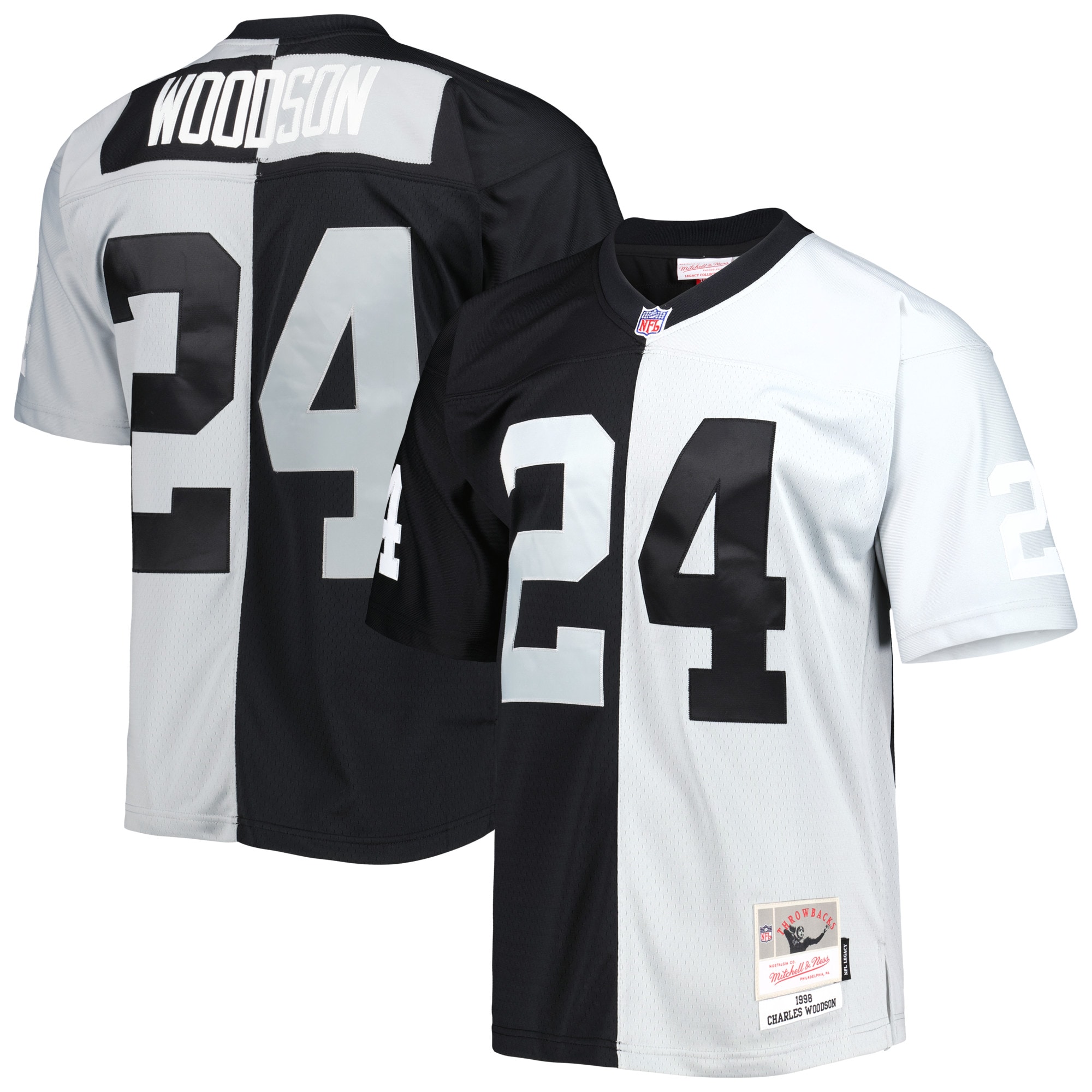 Men's Las Vegas Raiders Charles Woodson Mitchell & Ness Black/Silver 1998 Split Legacy Jersey JS1898 nicesnker