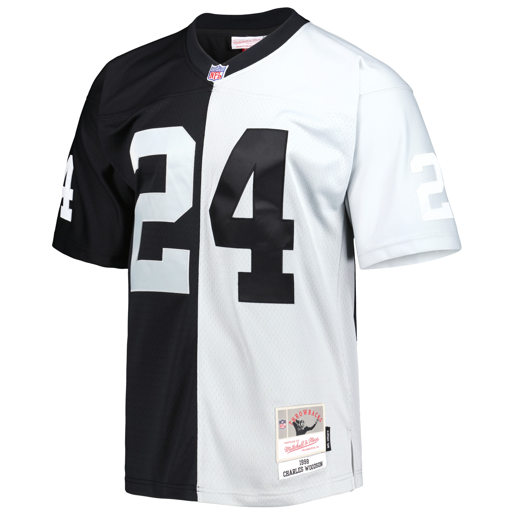 Men's Las Vegas Raiders Charles Woodson Mitchell & Ness Black/Silver 1998 Split Legacy Jersey JS1898 nicesnker - Image 2