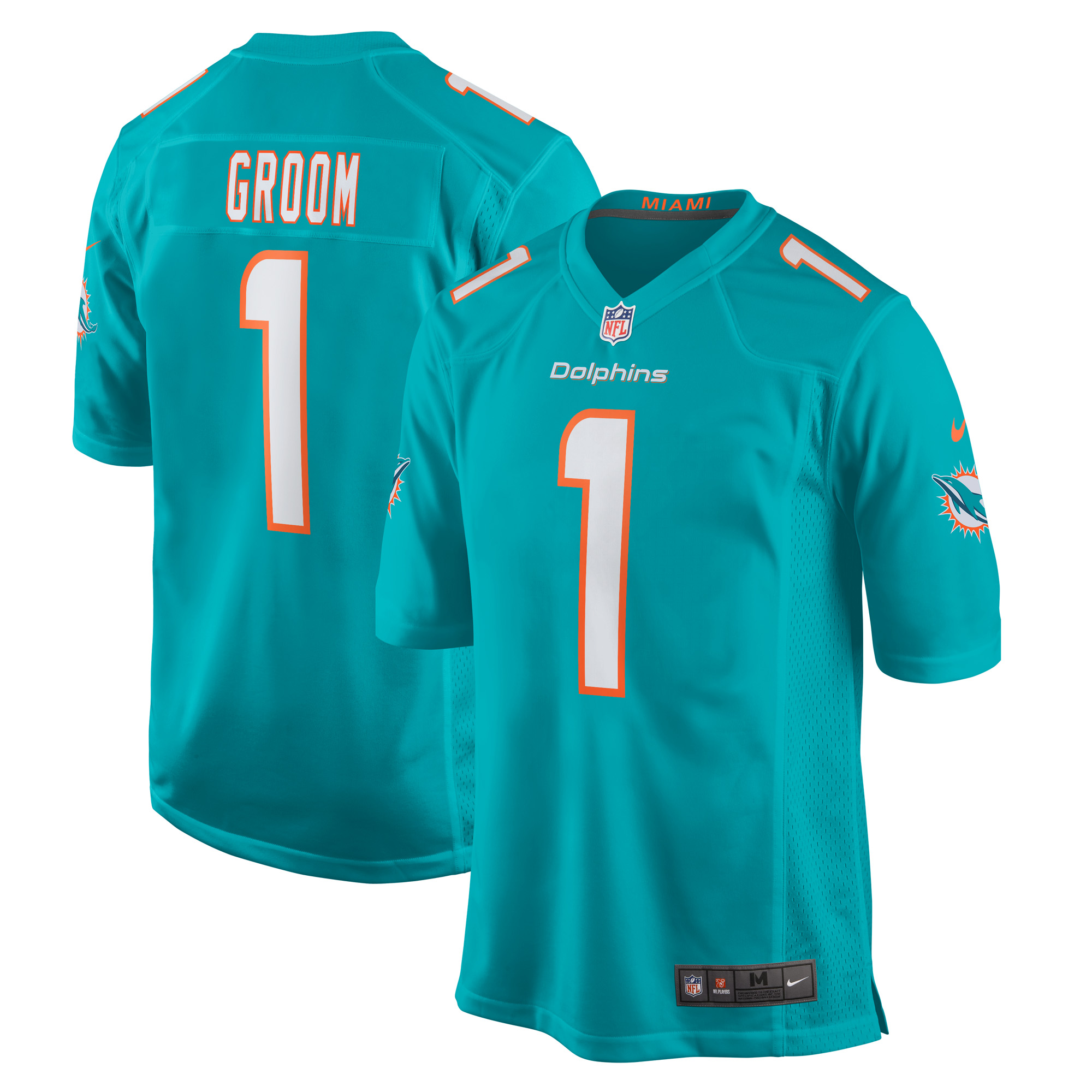 Men's Miami Dolphins Number 1 Groom Aqua Game Jersey JS5232 nicesnker