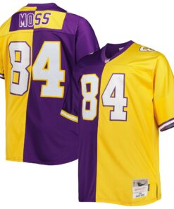 Men's Minnesota Vikings Randy Moss Mitchell & Ness Purple/Gold Big & Tall Split Legacy Retired Player Jersey JS3574 nicesnker