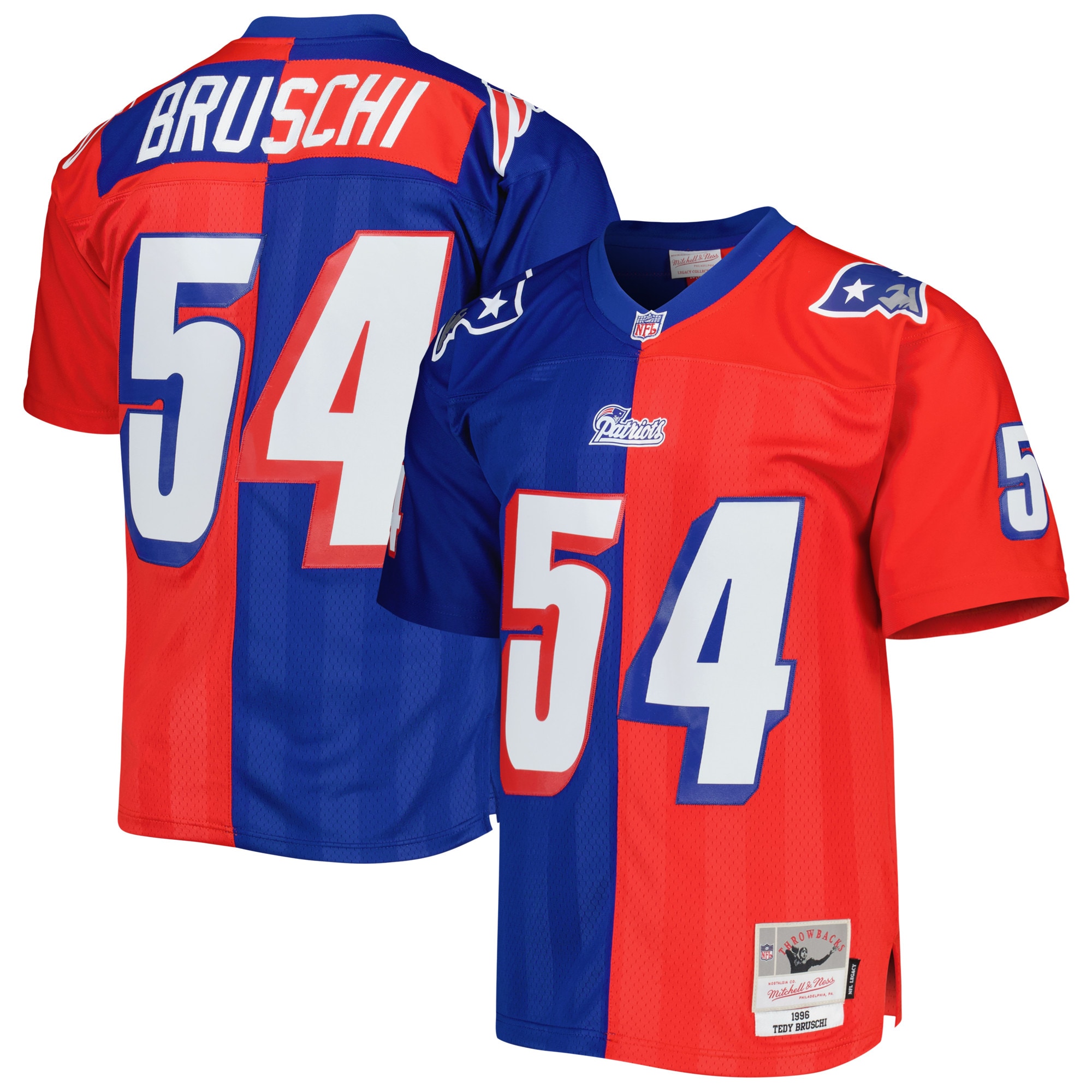 Men's New England Patriots Tedy Bruschi Mitchell & Ness Royal/Red 1996 Split Legacy Jersey JS2590 nicesnker