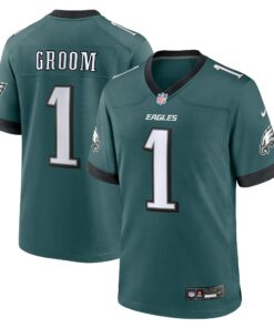 Men's Philadelphia Eagles Number 1 Groom Midnight Green Game Jersey JS1466 nicesnker
