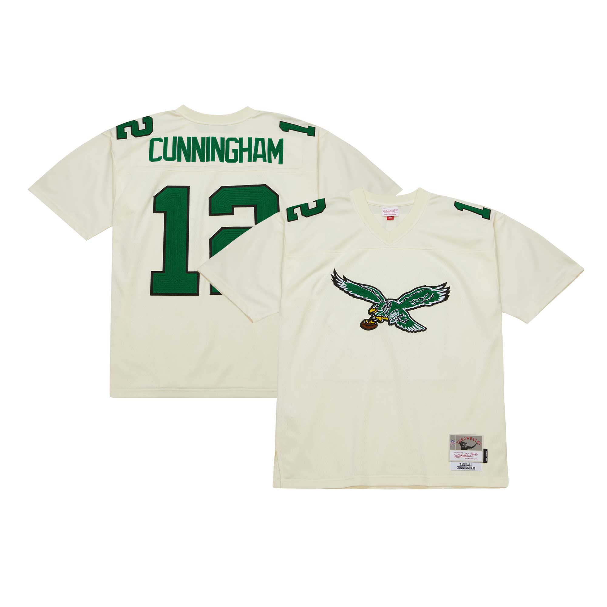 Men's Philadelphia Eagles Randall Cunningham Mitchell & Ness Cream Chainstitch Legacy Jersey JS4346 nicesnker