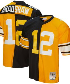 Men's Pittsburgh Steelers Terry Bradshaw Mitchell & Ness Black/Gold 1976 Split Legacy Jersey JS4091 nicesnker