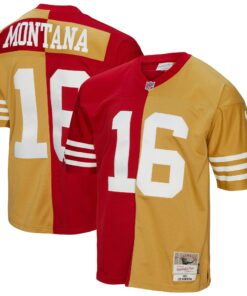 Men's San Francisco 49ers Joe Montana Mitchell & Ness Scarlet/Gold 1990 Split Legacy Jersey JS3202 nicesnker
