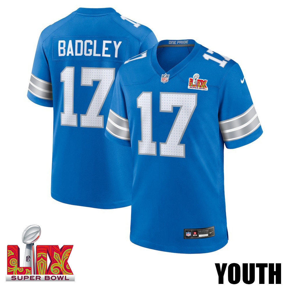 Michael Badgley #17 Detroit Lions Super Bowl LIX YOUTH Jersey - Blue JS3424 nicesnker