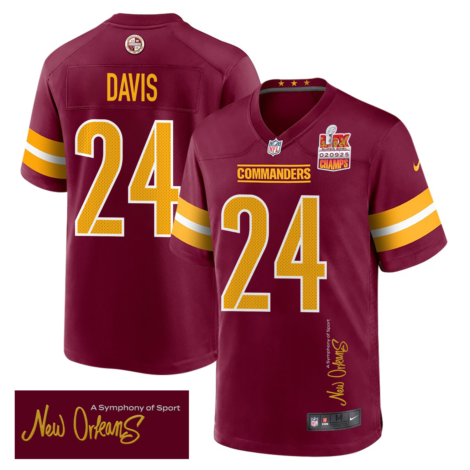 Michael Davis 24 Washington Commanders Super Bowl LIX Champions Patch 'New Orleans - A Symphony of Sport' EMBROIDERED Game Men Jersey - Burgundy JS1872 nicesnker
