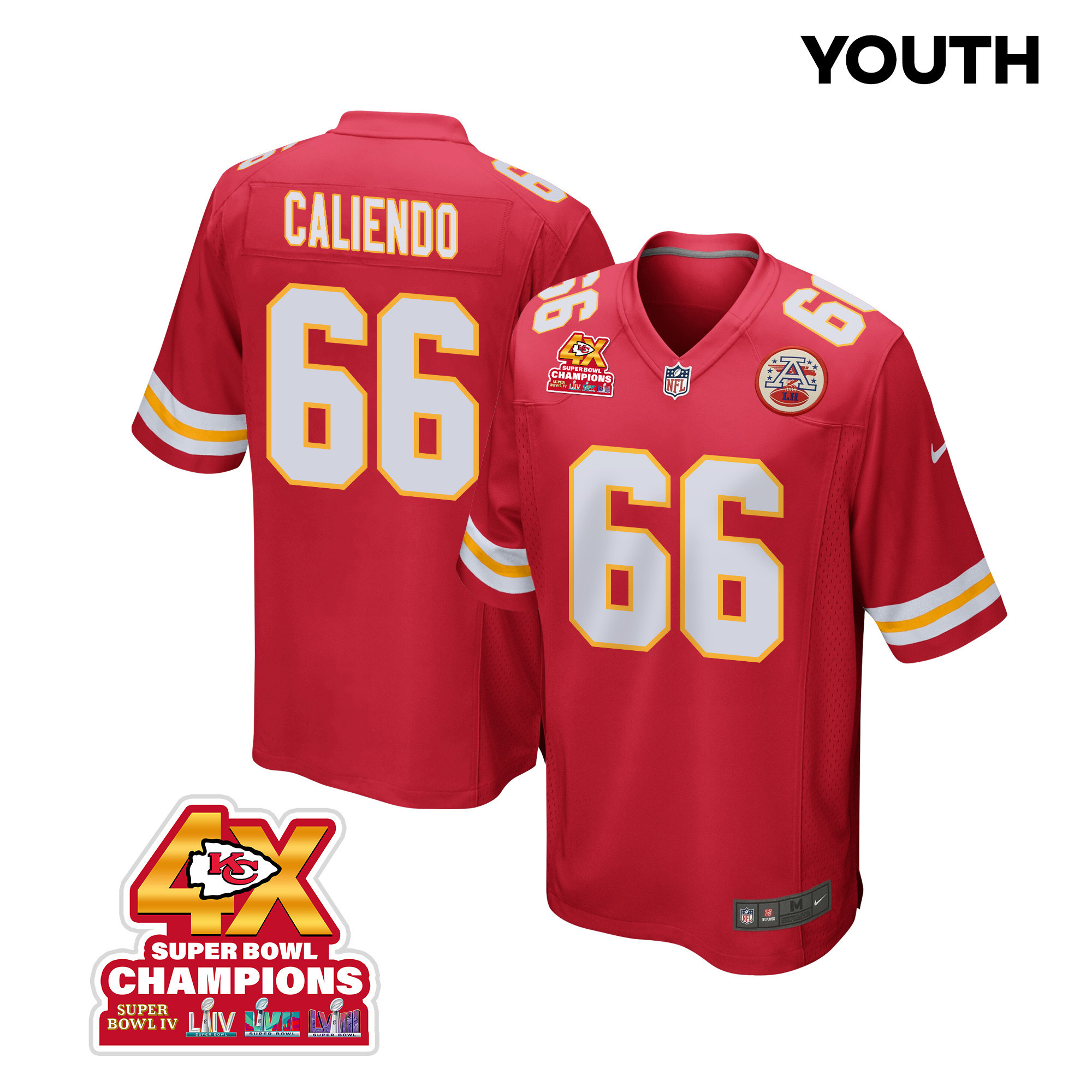 Mike Caliendo 66 Kansas City Chiefs Super Bowl LVIII Champions 4X Game YOUTH Jersey - Red JS5264 nicesnker