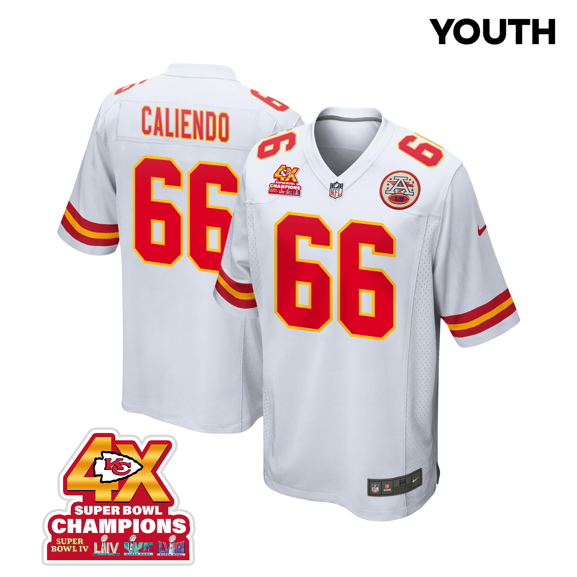 Mike Caliendo 66 Kansas City Chiefs Super Bowl LVIII Champions 4X Game YOUTH Jersey - White JS2543 nicesnker