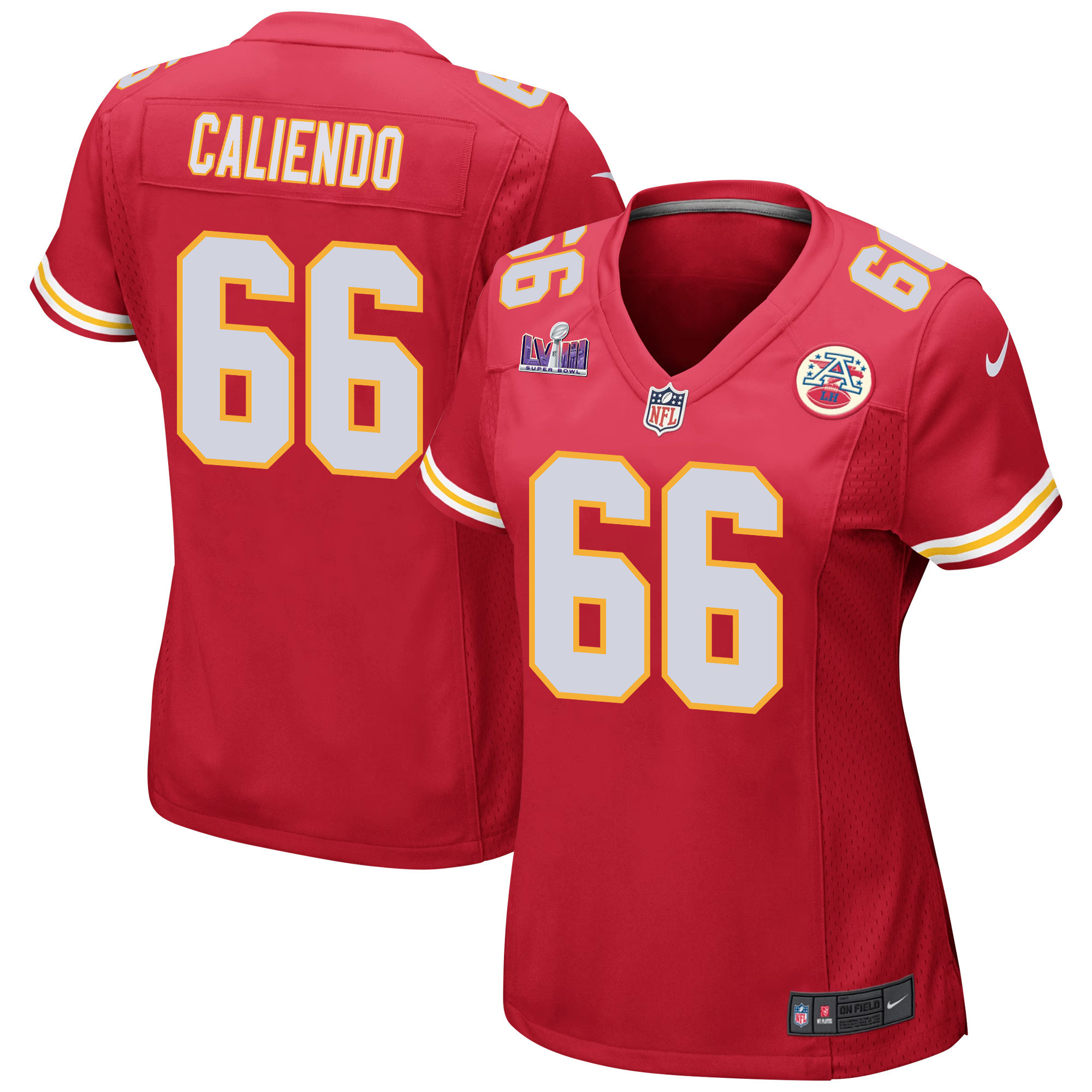 Mike Caliendo 66 Kansas City Chiefs Super Bowl LVIII Patch Game Women Jersey - Red JS3309 nicesnker