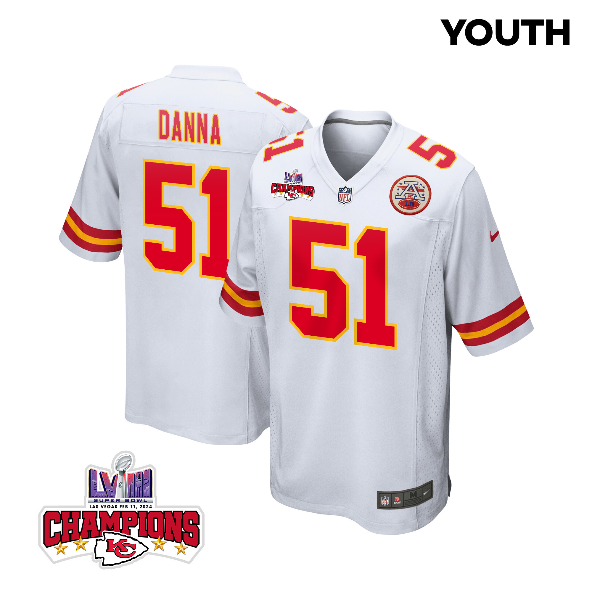 Mike Danna 51 Kansas City Chiefs Super Bowl LVIII Champions 4 Stars Patch Game YOUTH Jersey - White JS8978 nicesnker