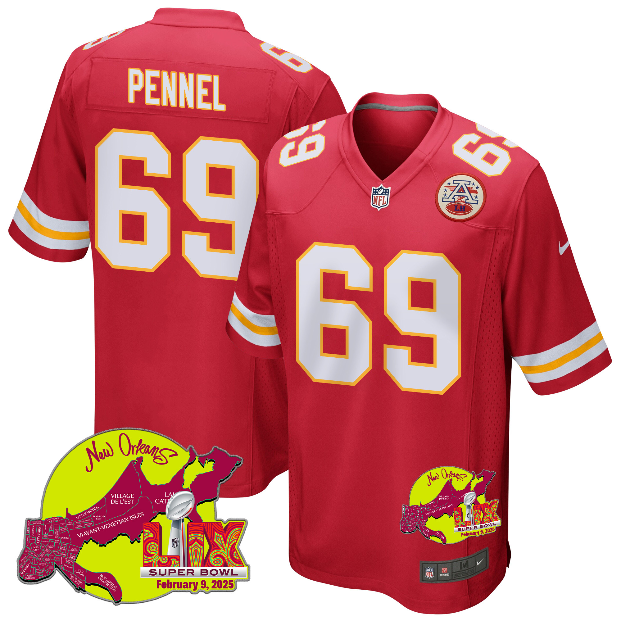 Mike Pennel 69 Kansas City Chiefs Super Bowl LIX New Orleans Patch Game Men Jersey - Red JS3538 nicesnker