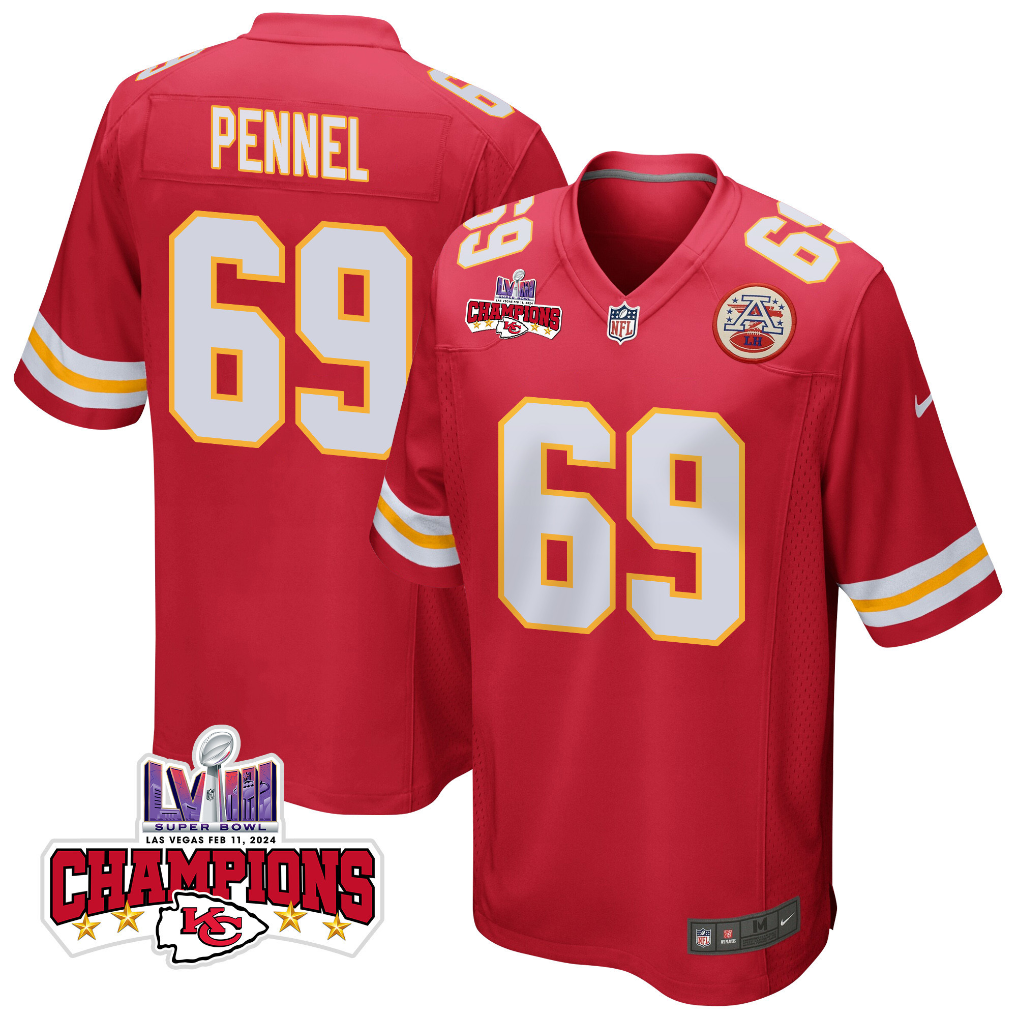 Mike Pennel 69 Kansas City Chiefs Super Bowl LVIII Champions 4 Stars Patch Game Men Jersey - Red JS9240 nicesnker