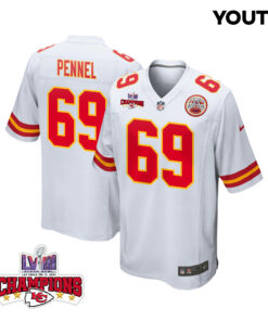 Mike Pennel 69 Kansas City Chiefs Super Bowl LVIII Champions 4 Stars Patch Game YOUTH Jersey - White JS8216 nicesnker