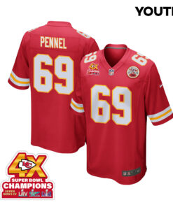 Mike Pennel 69 Kansas City Chiefs Super Bowl LVIII Champions 4X Game YOUTH Jersey - Red JS1819 nicesnker