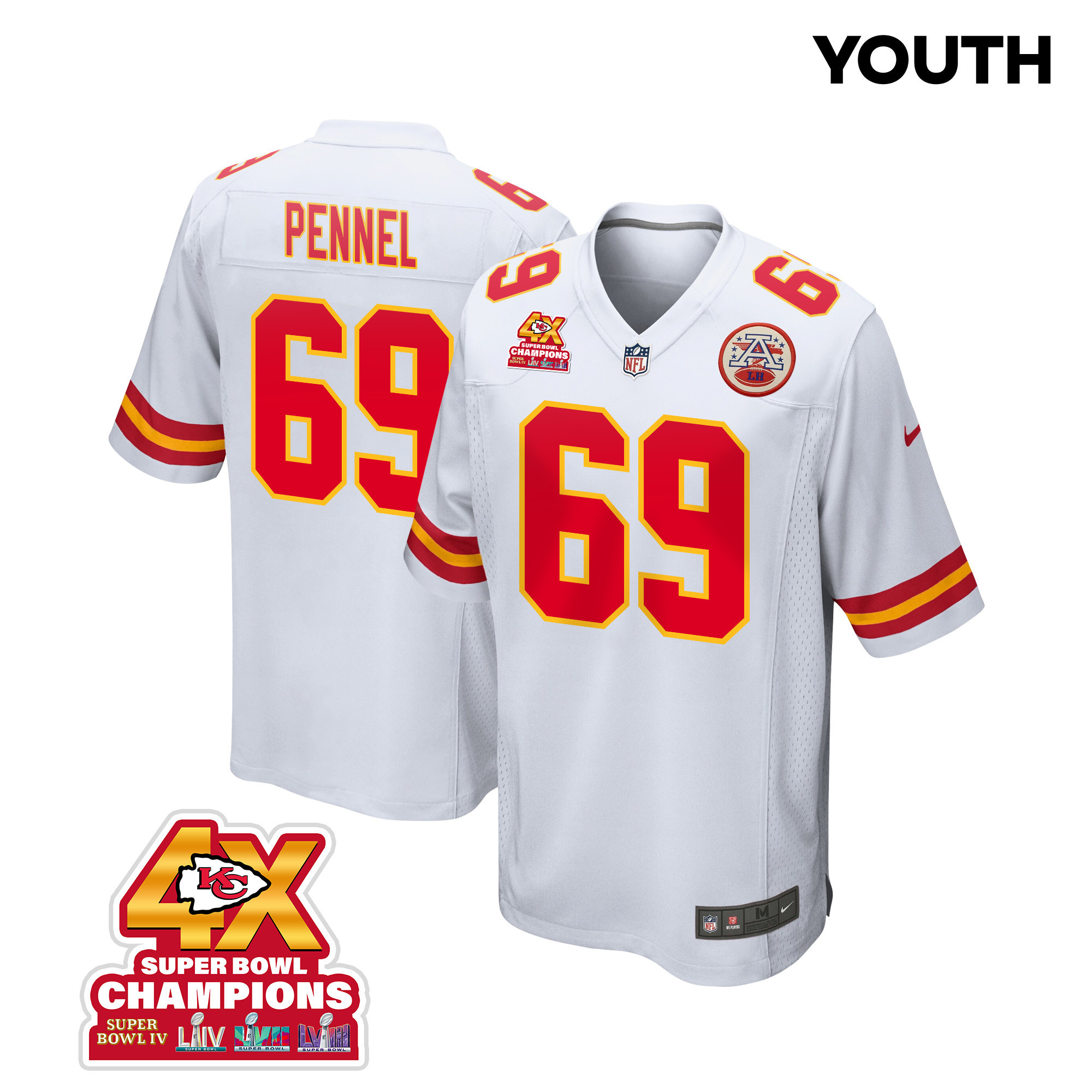Mike Pennel 69 Kansas City Chiefs Super Bowl LVIII Champions 4X Game YOUTH Jersey - White JS5708 nicesnker