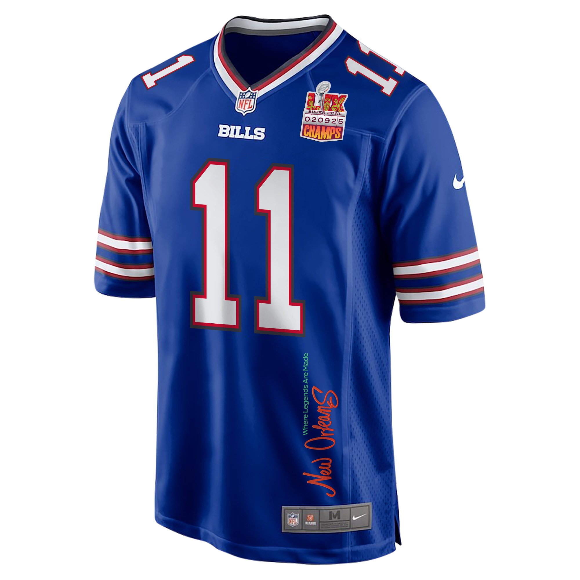 Mitchell Trubisky 11 Buffalo Bills Super Bowl LIX Champions Patch 'New Orleans - Where Legends Are Made' EMBROIDERED Game Men Jersey - Royal JS3776 nicesnker - Image 3