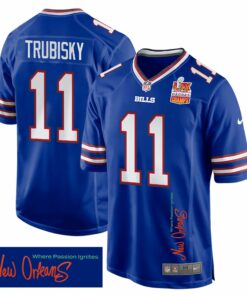 Mitchell Trubisky 11 Buffalo Bills Super Bowl LIX Champions Patch 'New Orleans - Where Passion Ignites' EMBROIDERED Game Men Jersey - Royal JS3506 nicesnker