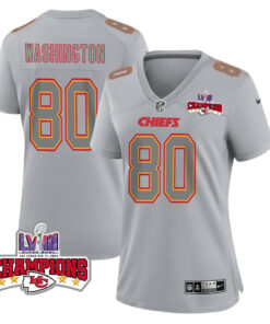 Montrell Washington 80 Kansas City Chiefs Super Bowl LVIII Champions 4 Stars Patch Atmosphere Fashion Game Women Jersey - Gray JS8723 nicesnker