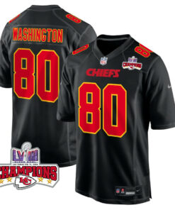 Montrell Washington 80 Kansas City Chiefs Super Bowl LVIII Champions 4 Stars Patch Fashion Game Men Jersey - Carbon Black JS6918 nicesnker