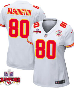 Montrell Washington 80 Kansas City Chiefs Super Bowl LVIII Champions 4 Stars Patch Game Women Jersey - White JS8864 nicesnker