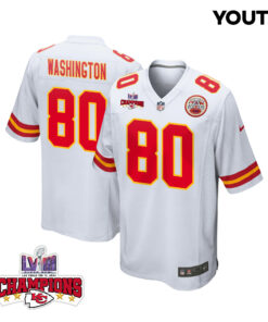 Montrell Washington 80 Kansas City Chiefs Super Bowl LVIII Champions 4 Stars Patch Game YOUTH Jersey - White JS8481 nicesnker