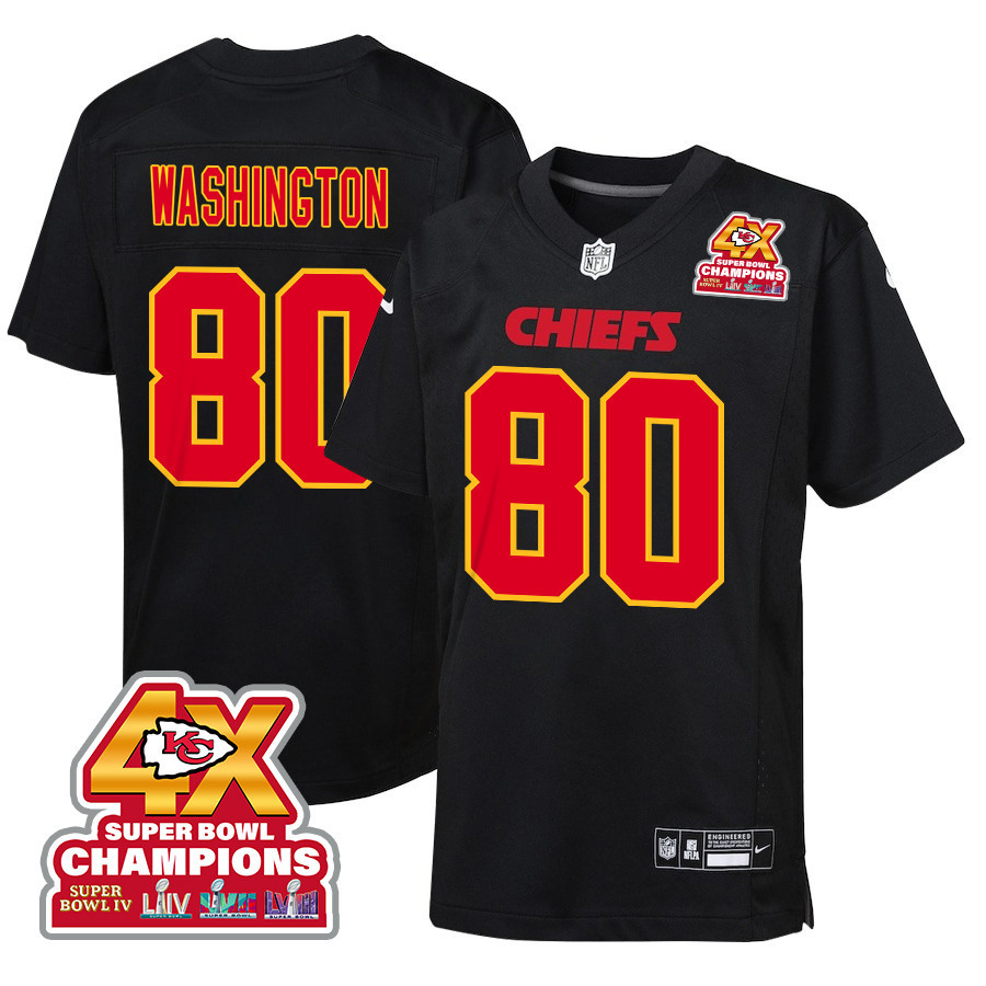 Montrell Washington 80 Kansas City Chiefs Super Bowl LVIII Champions 4X Fashion Game YOUTH Jersey - Carbon Black JS6854 nicesnker