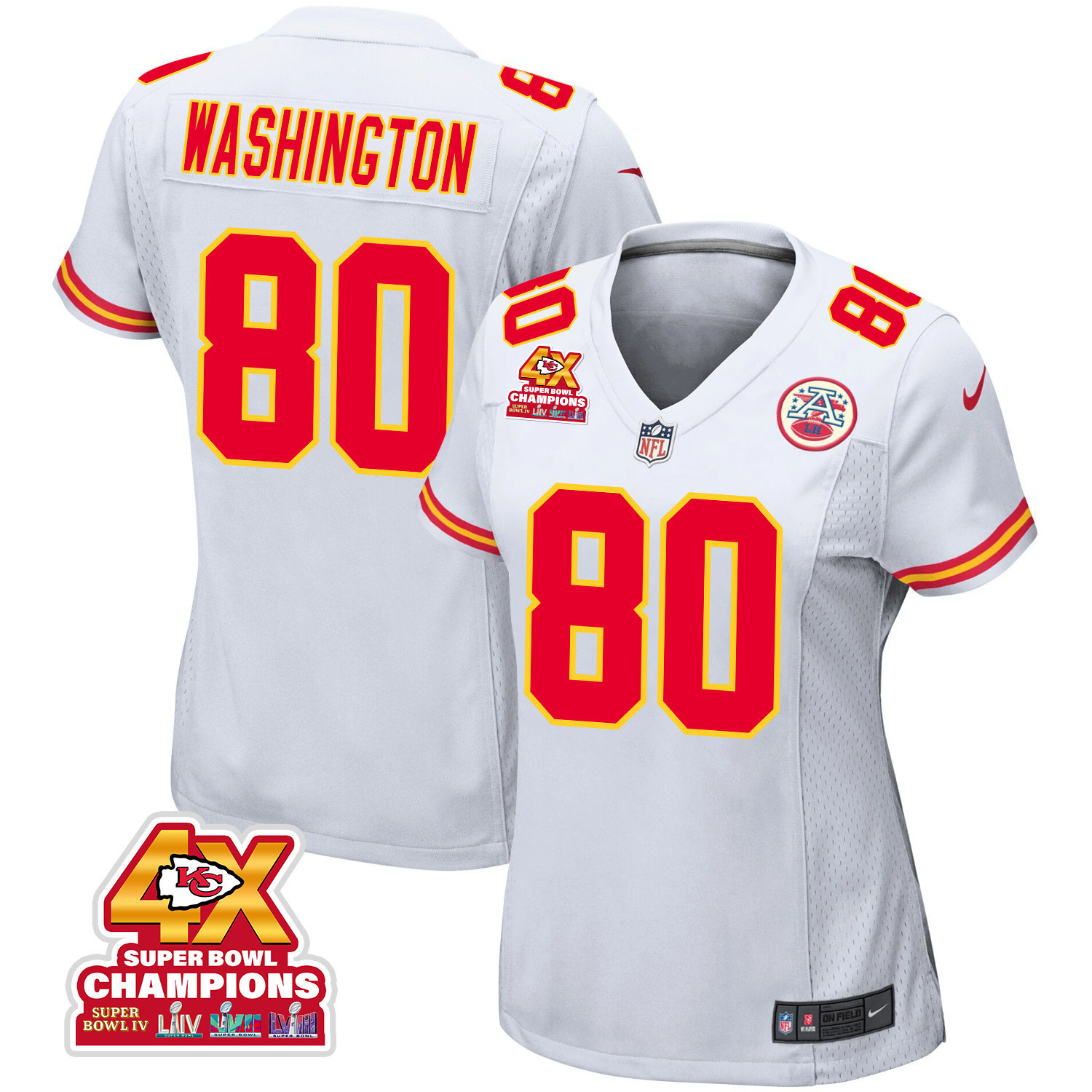 Montrell Washington 80 Kansas City Chiefs Super Bowl LVIII Champions 4X Game Women Jersey - White JS5054 nicesnker