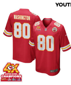 Montrell Washington 80 Kansas City Chiefs Super Bowl LVIII Champions 4X Game YOUTH Jersey - Red JS2593 nicesnker