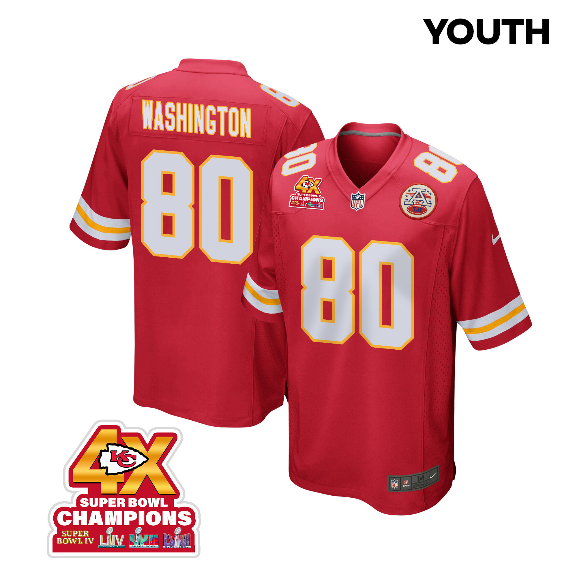 Montrell Washington 80 Kansas City Chiefs Super Bowl LVIII Champions 4X Game YOUTH Jersey - Red JS2593 nicesnker