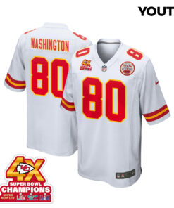 Montrell Washington 80 Kansas City Chiefs Super Bowl LVIII Champions 4X Game YOUTH Jersey - White JS4531 nicesnker
