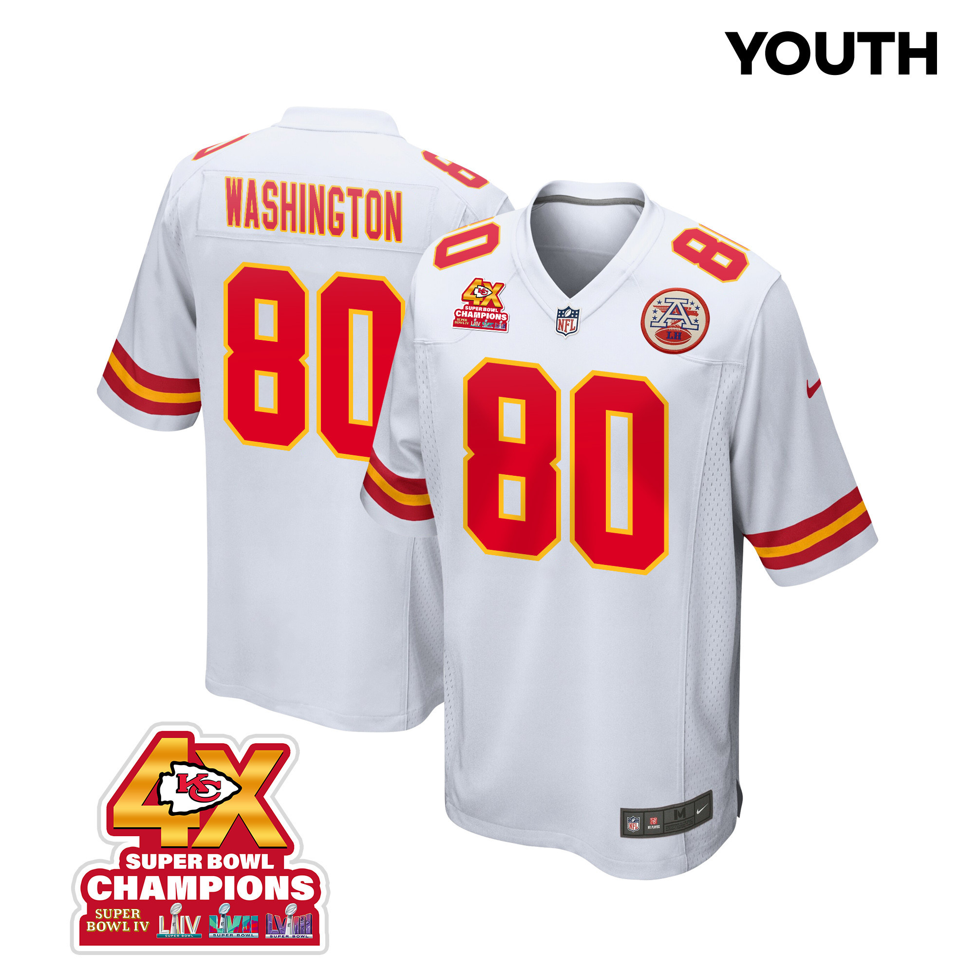 Montrell Washington 80 Kansas City Chiefs Super Bowl LVIII Champions 4X Game YOUTH Jersey - White JS4531 nicesnker