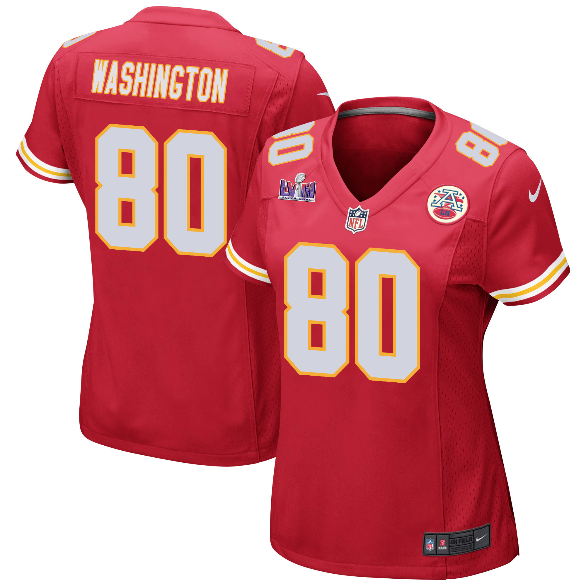 Montrell Washington 80 Kansas City Chiefs Super Bowl LVIII Patch Game Women Jersey - Red JS8984 nicesnker