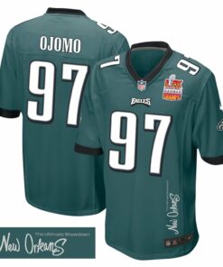 Moro Ojomo 97 Philadelphia Eagles Super Bowl LIX Champions Patch 'New Orleans - The Ultimate Showdown' EMBROIDERED Game Men Jersey - Midnight Green JS2660 nicesnker