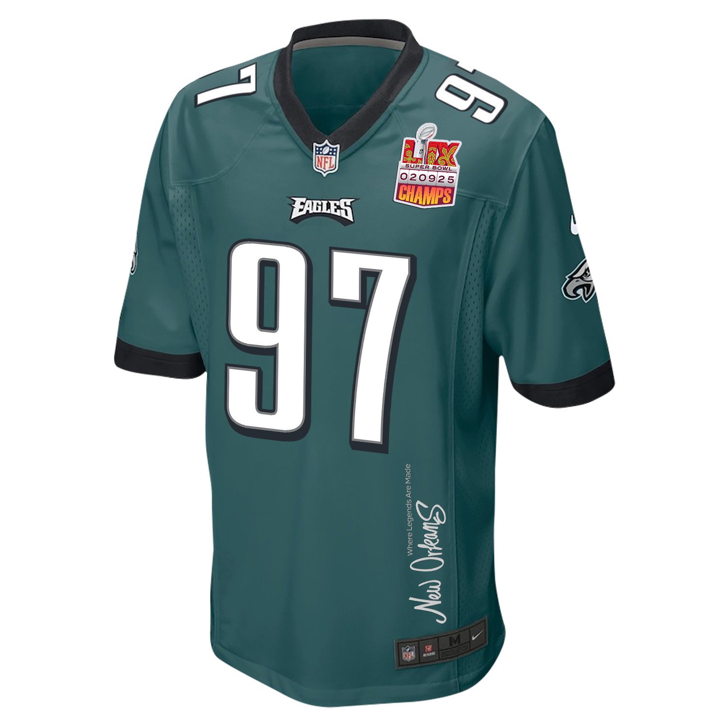 Moro Ojomo 97 Philadelphia Eagles Super Bowl LIX Champions Patch 'New Orleans - Where Legends Are Made' EMBROIDERED Game Men Jersey - Midnight Green JS9161 nicesnker - Image 3