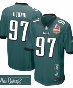 Moro Ojomo 97 Philadelphia Eagles Super Bowl LIX Champions Patch 'New Orleans - Where Legends Are Made' EMBROIDERED Game Men Jersey - Midnight Green JS9161 nicesnker