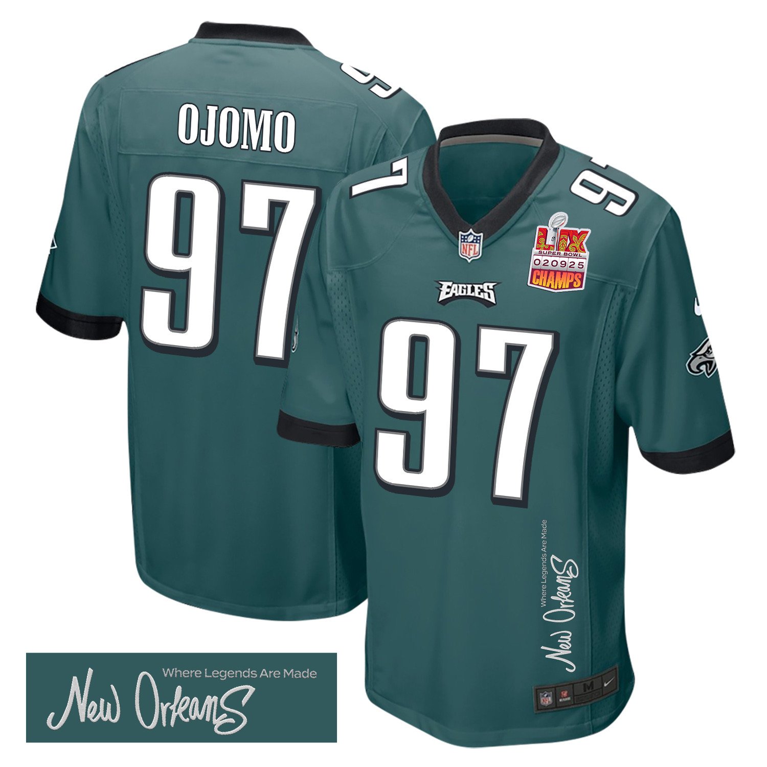 Moro Ojomo 97 Philadelphia Eagles Super Bowl LIX Champions Patch 'New Orleans - Where Legends Are Made' EMBROIDERED Game Men Jersey - Midnight Green JS9161 nicesnker