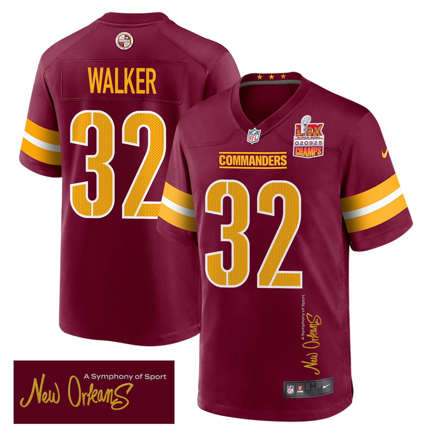 Mykal Walker 32 Washington Commanders Super Bowl LIX Champions Patch 'New Orleans - A Symphony of Sport' EMBROIDERED Game Men Jersey - Burgundy JS2529 nicesnker