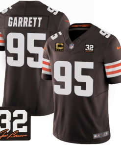 Myles Garrett 95 Cleveland Browns Jim Brown Memorial Patch Game Men Jersey - Brown JS4968 nicesnker
