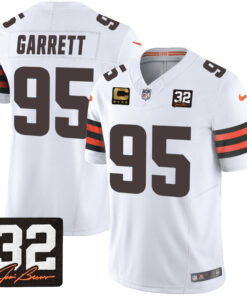 Myles Garrett 95 Cleveland Browns Jim Brown Memorial Patch Game Men Jersey - White JS5101 nicesnker